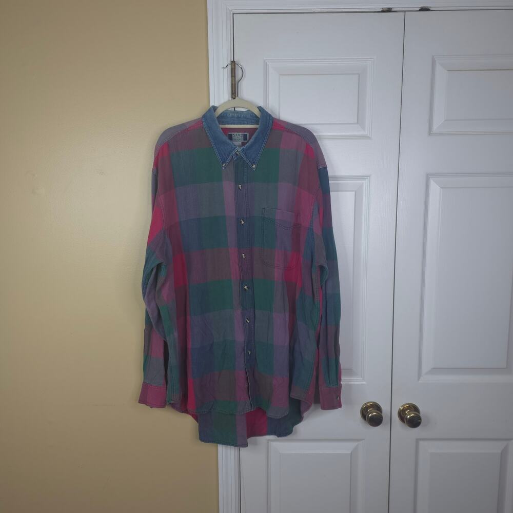 Vintage 90s Sutter & Grant Plaid Flannel Button Down Shirt 1XLT Teal Red